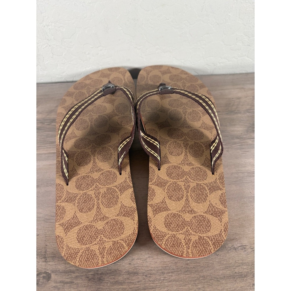 Coach Mens Sig Webbing Flip Flop Tan Signature C8896 Sandal Size 8 D - Picture 3 of 8